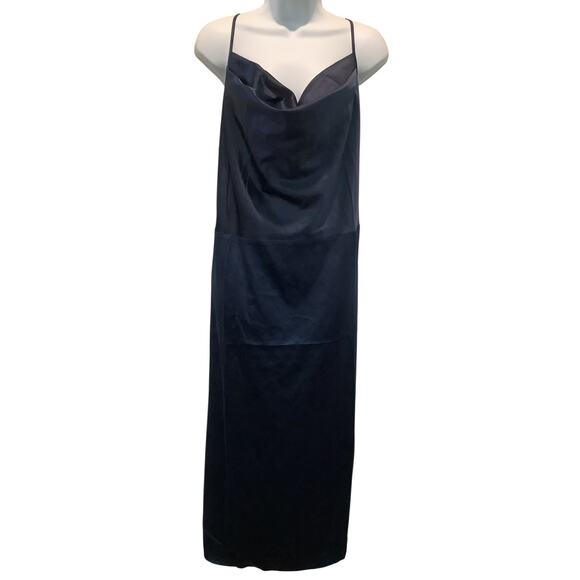VENUS NAVY BLUE DRAPE NECK SATIN SIDE SLIT MAXI SLIP DRESS 22 NWT - Picture 1 of 9